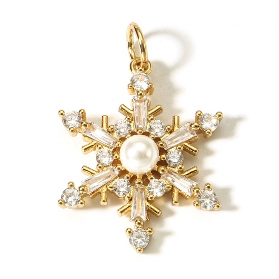 Picture of 1 Piece Brass Christmas Charms 18K Real Gold Plated Christmas Snowflake Clear Cubic Zirconia 24mm x 16.5mm