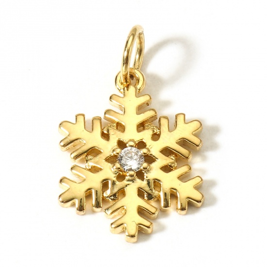 Picture of 1 Piece Brass Christmas Charms 18K Real Gold Plated Christmas Snowflake Clear Cubic Zirconia 18.5mm x 12mm