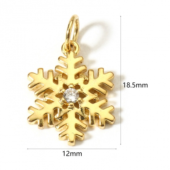 Picture of 1 Piece Brass Christmas Charms 18K Real Gold Plated Christmas Snowflake Clear Cubic Zirconia 18.5mm x 12mm