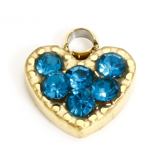 Image de 1 Pièce Breloques en 316L Acier Inoxydable Placage sous Vide Pierres de Naissance Cœur 18k Or Rempli à Strass Bleu 6mm x 5.5mm 