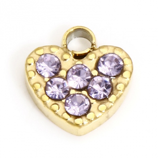Image de 1 Pièce Breloques en 316L Acier Inoxydable Placage sous Vide Pierres de Naissance Cœur 18k Or Rempli à Strass Mauve 6mm x 5.5mm 