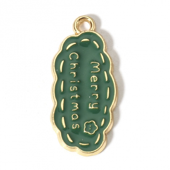 Image de 10 Pcs Breloques Noël en Alliage de Zinc Doré Vert Nuage Mots " Merry Christmas " Émail 24mm x 11mm