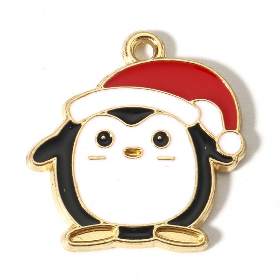 Immagine di 10 Pz Lega di Zinco Natale Charms Oro Placcato Multicolore Pinguino Cappelli di Natale Smalto 22mm x 21mm