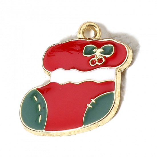 Immagine di 10 Pz Lega di Zinco Natale Charms Oro Placcato Multicolore Calza di Natale Smalto 18mm x 18mm