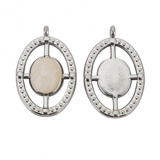Picture of 1 Piece 304 Stainless Steel & Gemstone Charms Silver Tone White Oval Cross 23.5mm x 14mm