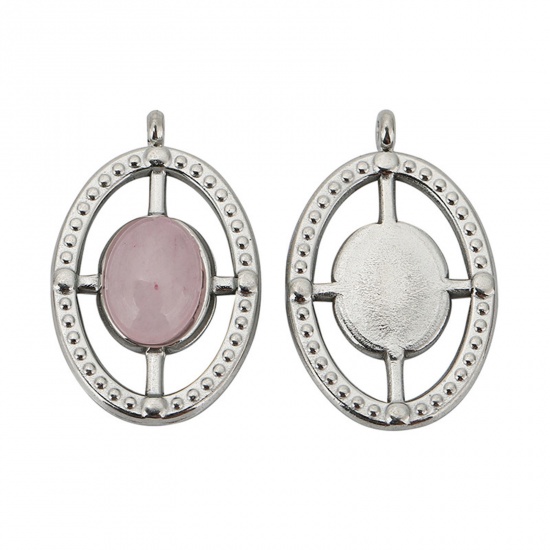 Picture of 1 Piece 304 Stainless Steel & Gemstone Charms Silver Tone Pink Oval Cross 23.5mm x 14mm