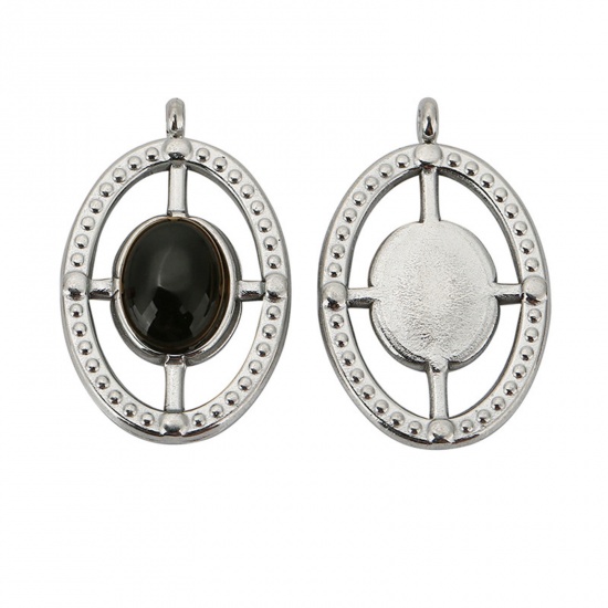 Picture of 1 Piece 304 Stainless Steel & Gemstone Charms Silver Tone Black Oval Cross 23.5mm x 14mm