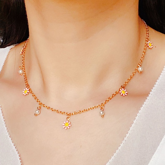 Picture of 1 Piece 304 Stainless Steel Link Cable Chain Necklace Gold Plated Pink Daisy Flower Enamel 40cm(15 6/8") long