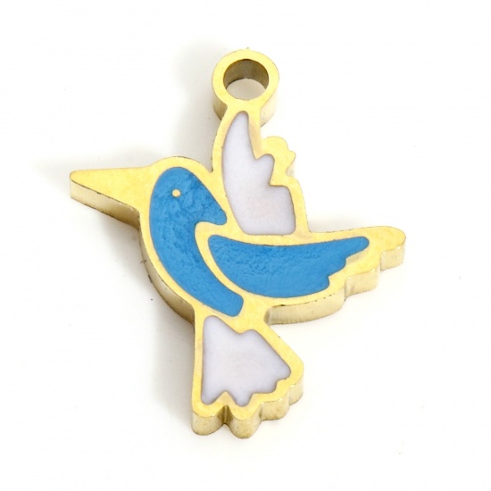 Picture of 1 Piece 316L Stainless Steel Stylish Charms Gold Plated Blue Bird Animal Enamel 12mm x 10mm
