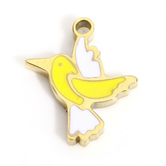 Picture of 1 Piece 316L Stainless Steel Stylish Charms Gold Plated Yellow Bird Animal Enamel 12mm x 10mm