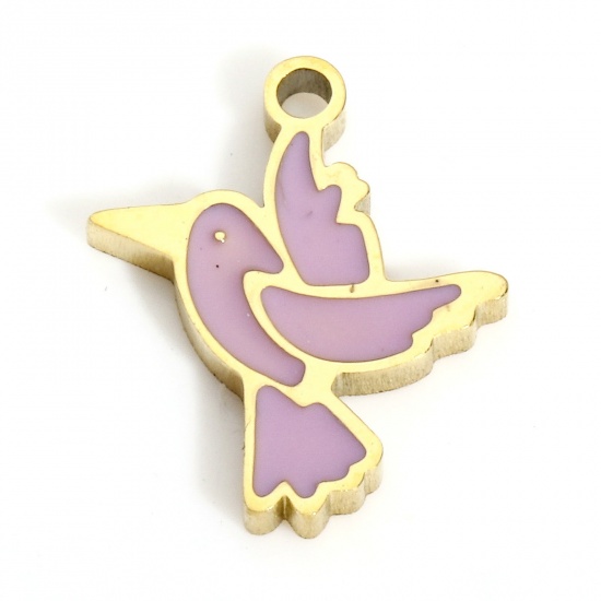 Picture of 1 Piece 316L Stainless Steel Stylish Charms Gold Plated Purple Bird Animal Enamel 12mm x 10mm