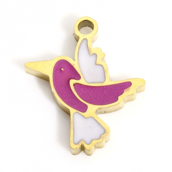 Picture of 1 Piece 316L Stainless Steel Stylish Charms Gold Plated Fuchsia Bird Animal Enamel 12mm x 10mm