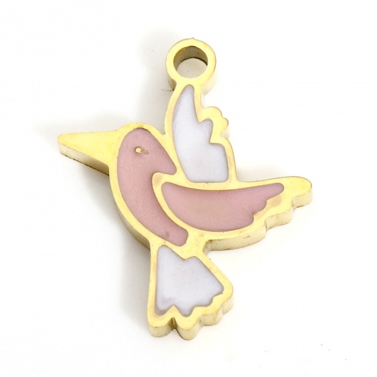 Picture of 1 Piece 316L Stainless Steel Stylish Charms Gold Plated Pink Bird Animal Enamel 12mm x 10mm
