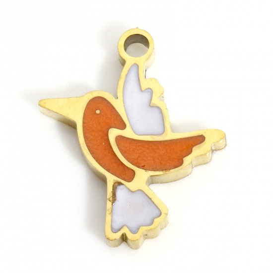 Picture of 1 Piece 316L Stainless Steel Stylish Charms Gold Plated Orange Bird Animal Enamel 12mm x 10mm