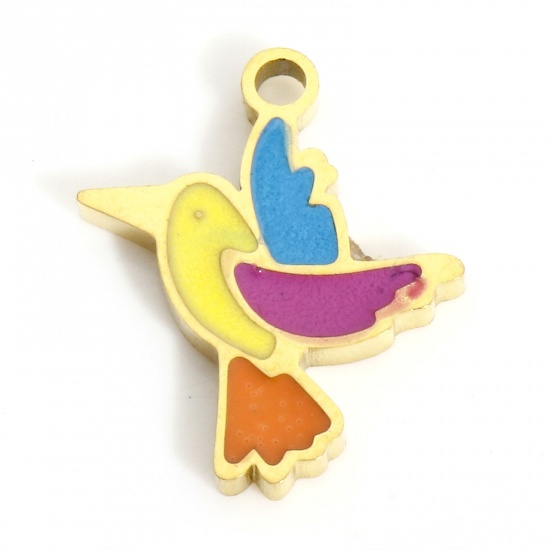 Picture of 1 Piece 316L Stainless Steel Stylish Charms Gold Plated Multicolor Bird Animal Enamel 12mm x 10mm