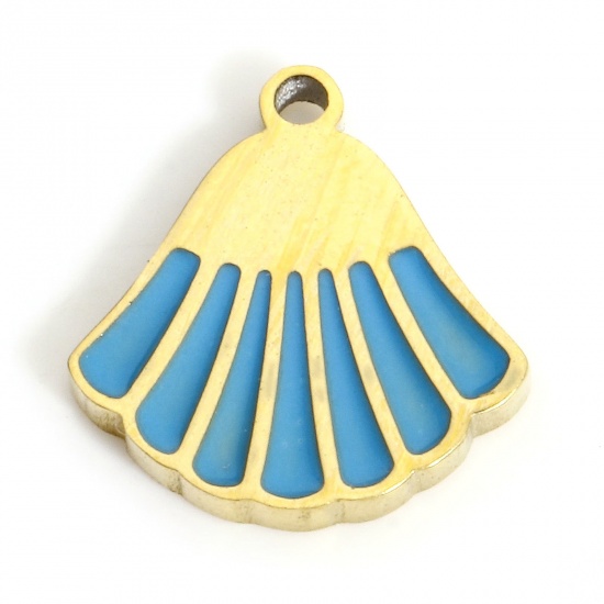 Picture of 1 Piece 316L Stainless Steel Ocean Jewelry Charms Gold Plated Blue Shell Enamel 10mm x 9.5mm