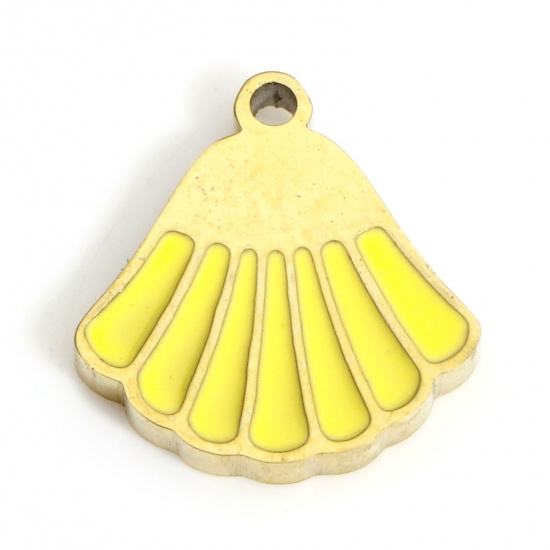 Picture of 1 Piece 316L Stainless Steel Ocean Jewelry Charms Gold Plated Yellow Shell Enamel 10mm x 9.5mm