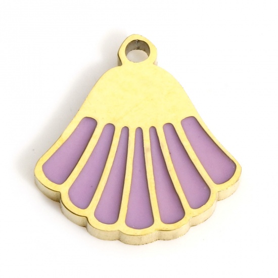 Picture of 1 Piece 316L Stainless Steel Ocean Jewelry Charms Gold Plated Purple Shell Enamel 10mm x 9.5mm