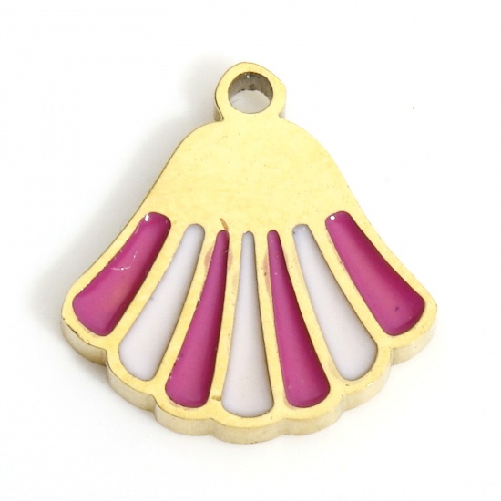 Picture of 1 Piece 316L Stainless Steel Ocean Jewelry Charms Gold Plated Fuchsia Shell Enamel 10mm x 9.5mm