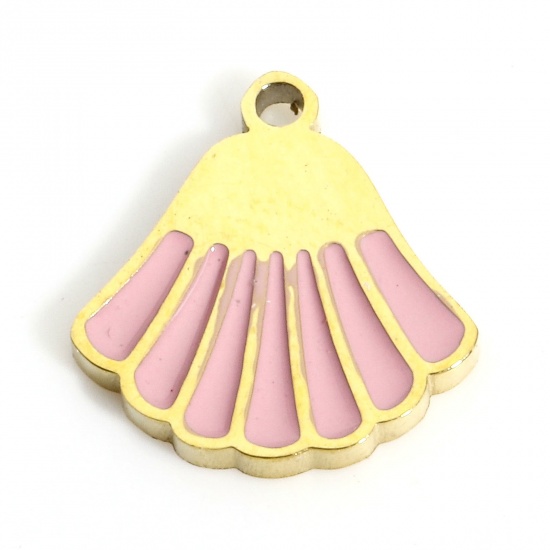 Picture of 1 Piece 316L Stainless Steel Ocean Jewelry Charms Gold Plated Pink Shell Enamel 10mm x 9.5mm