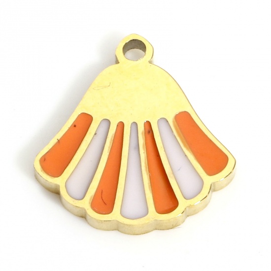 Picture of 1 Piece 316L Stainless Steel Ocean Jewelry Charms Gold Plated Orange Shell Enamel 10mm x 9.5mm