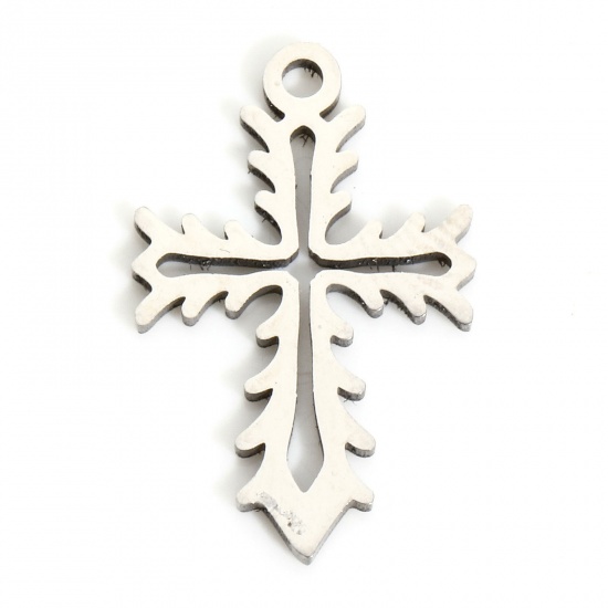 Picture of 1 Piece 316L Stainless Steel Stylish Charms Silver Tone Cross Hollow 19mm x 12mm
