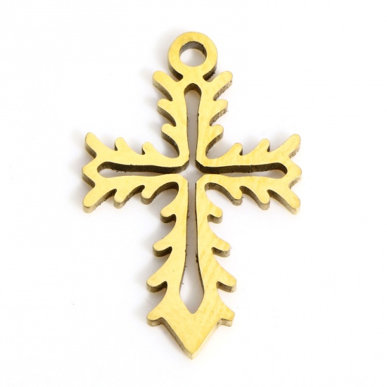 Picture of 1 Piece 316L Stainless Steel Stylish Charms Gold Plated Cross Hollow 19mm x 12mm