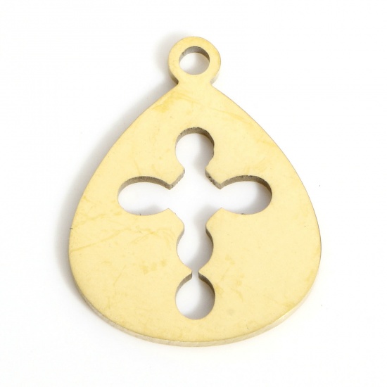 Picture of 1 Piece 316L Stainless Steel Stylish Charms Gold Plated Drop Cross Hollow 17mm x 13.5mm