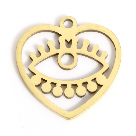 Picture of 1 Piece 316L Stainless Steel Stylish Charms Gold Plated Heart Evil Eye Hollow 15.5mm x 15.5mm