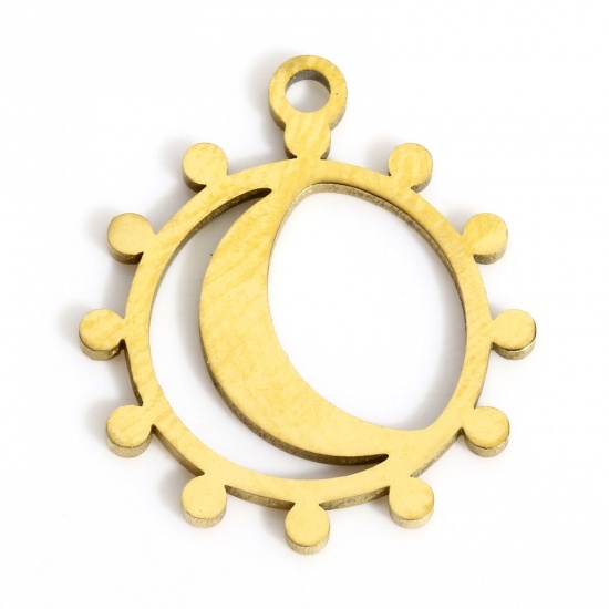 Picture of 1 Piece 316L Stainless Steel Stylish Charms Gold Plated Sun Moon Hollow 16.5mm x 14.5mm