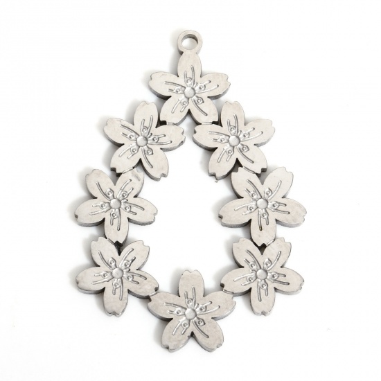 Picture of 1 Piece 316L Stainless Steel Stylish Pendants Silver Tone Drop Flower 30mm x 20.5mm