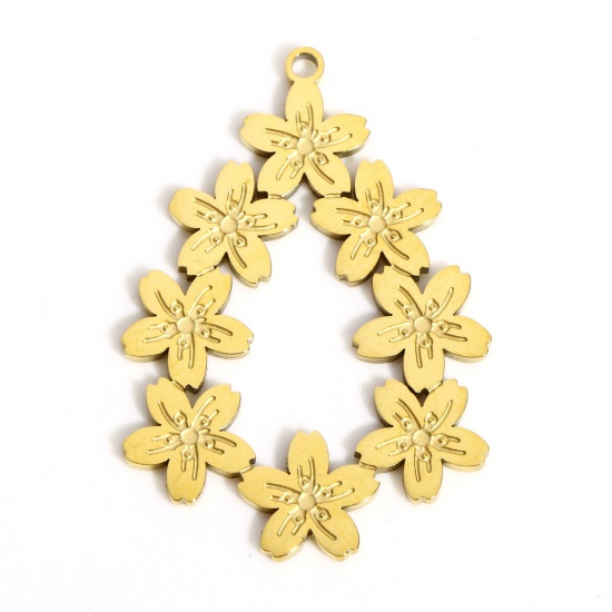 Picture of 1 Piece 316L Stainless Steel Stylish Pendants Gold Plated Drop Flower 30mm x 20.5mm