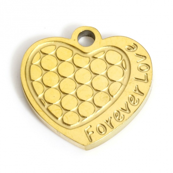 Picture of 1 Piece 316L Stainless Steel Geometry Series Charms Gold Plated Heart Round Message " Forever Love " 12mm x 11.5mm