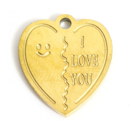 Picture of 1 Piece 316L Stainless Steel Geometry Series Charms Gold Plated Heart Smile Message " I Love you " 14.5mm x 13mm