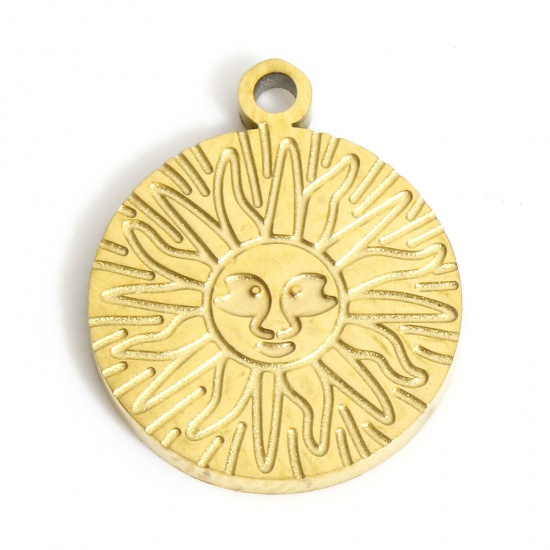 Picture of 1 Piece 316L Stainless Steel Geometry Series Charms Gold Plated Round Sun Face 14mm x 11.5mm
