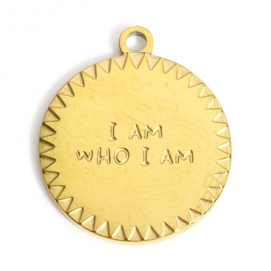 Picture of 1 Piece 316L Stainless Steel Geometry Series Charms Gold Plated Round Message " I AM WHO I AM " 17mm x 14.5mm