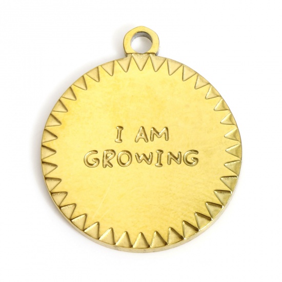 Picture of 1 Piece 316L Stainless Steel Geometry Series Charms Gold Plated Round Message " I AM GROWING " 17mm x 14.5mm