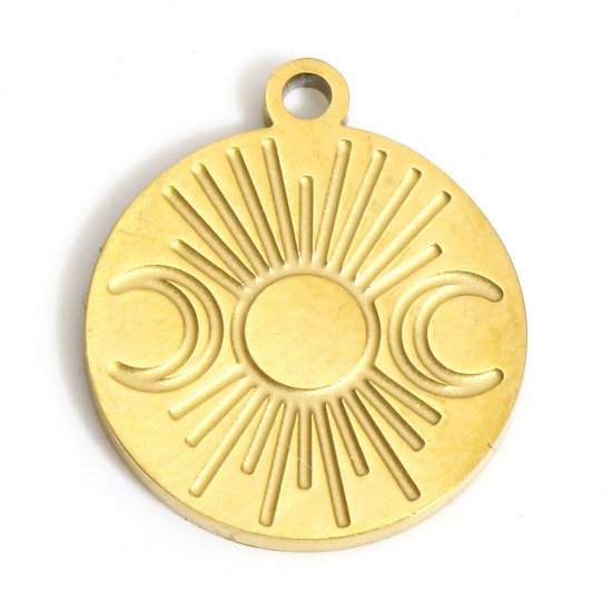Picture of 1 Piece 316L Stainless Steel Geometry Series Charms Gold Plated Round Sun & Moon 14.5mm x 12.5mm