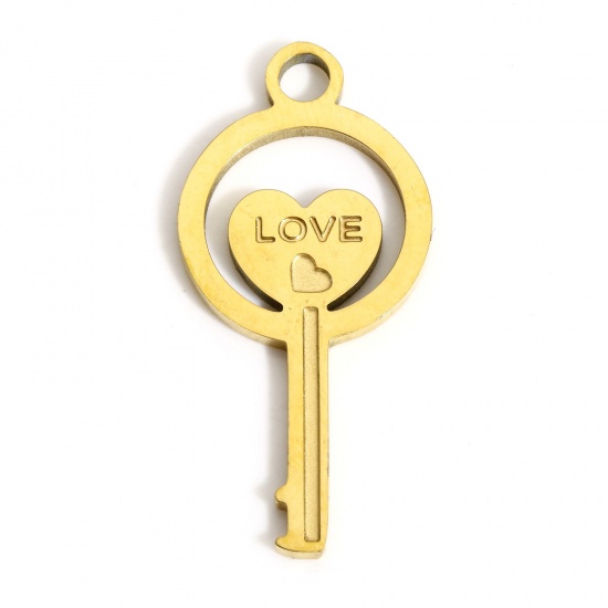 Picture of 1 Piece 316L Stainless Steel Geometry Series Charms Gold Plated Key Heart Message " LOVE " 28.5mm x 13mm