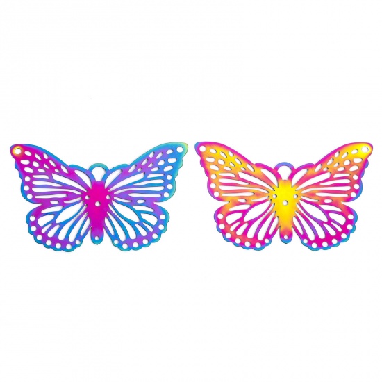 Immagine di 2 Pz 304 Acciaio Inossidabile Filigree Stamping Ciondoli Farfalla Multicolore Filigrana 6.5cm x 4cm
