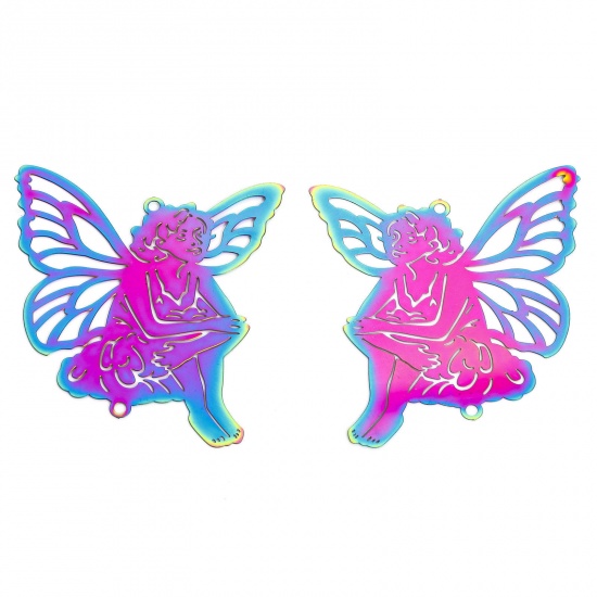 Immagine di 2 Pz 304 Acciaio Inossidabile Filigree Stamping Pendenti Charms Connettori Angelo Multicolore Filigrana 6cm x 5.5cm