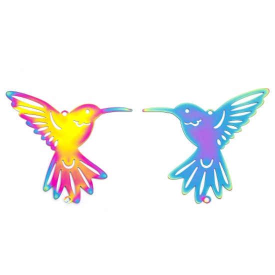 Immagine di 2 Pz 304 Acciaio Inossidabile Filigree Stamping Pendenti Charms Connettori Uccello Multicolore Filigrana 6.5cm x 6.4cm