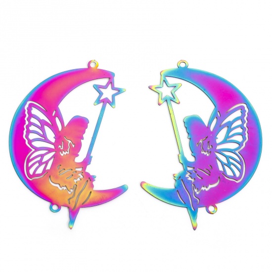 Immagine di 2 Pz 304 Acciaio Inossidabile Filigree Stamping Pendenti Charms Connettori Luna Multicolore Angelo Filigrana 7.1cm x 5cm