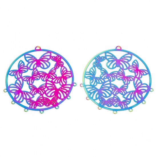 Immagine di 2 Pz 304 Acciaio Inossidabile Filigree Stamping Pendenti Charms Connettori Tondo Multicolore Farfalla Filigrana 6cm x 5.8cm