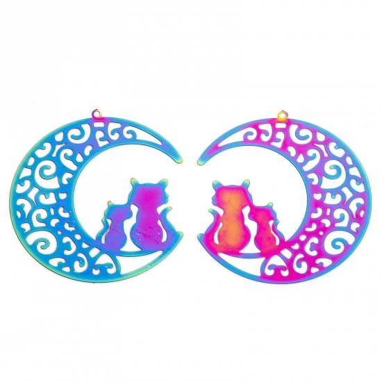 Immagine di 2 Pz 304 Acciaio Inossidabile Filigree Stamping Ciondoli Luna Multicolore Gatto Filigrana 5.7cm x 5.2cm