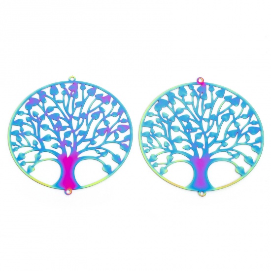 Immagine di 2 Pz 304 Acciaio Inossidabile Filigree Stamping Pendenti Charms Connettori Albero di Vita Multicolore Filigrana 6cm x 5.5cm
