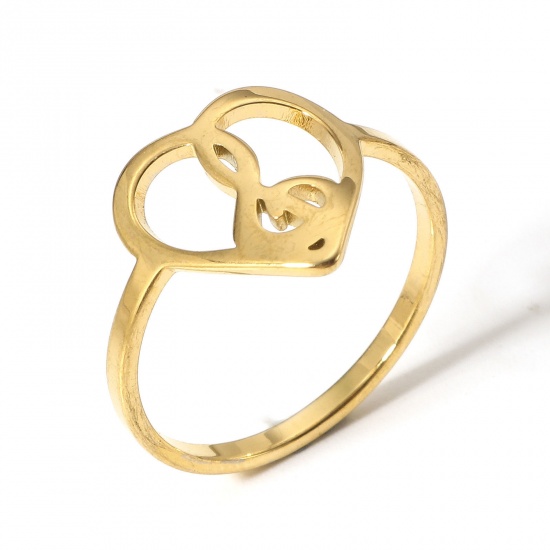 Picture of 1 Piece 304 Stainless Steel Unadjustable Rings Gold Plated Heart 16.7mm(US size 6.25)
