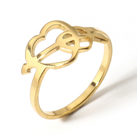 Picture of 1 Piece 304 Stainless Steel Unadjustable Rings Gold Plated Arrow Through Heart 16.7mm(US size 6.25)