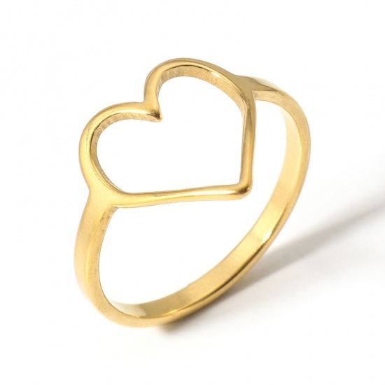 Picture of 1 Piece 304 Stainless Steel Unadjustable Rings Gold Plated Heart 16.7mm(US size 6.25)