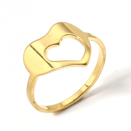 Picture of 1 Piece 304 Stainless Steel Unadjustable Rings Gold Plated Heart 16.9mm(US Size 6.5)